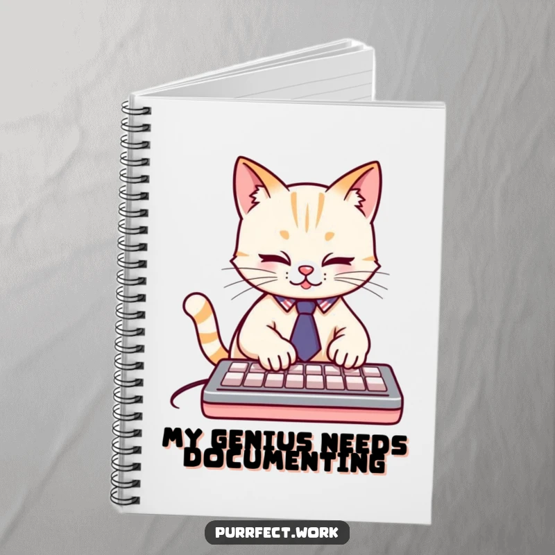 Funny cute cat wearing a tiny tie, typing furiously on a keyboard, a humorous notebook for notes and a funny gift.