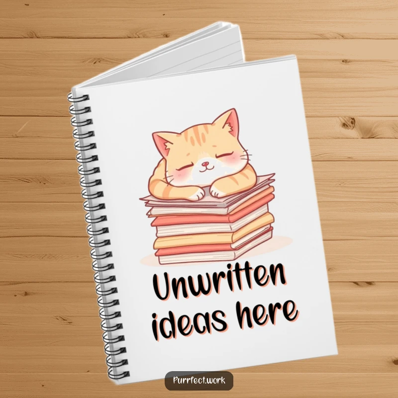 Funny content cat notebook with a cute cat napping on a stack of papers, encouraging creative writing and office note-taking.