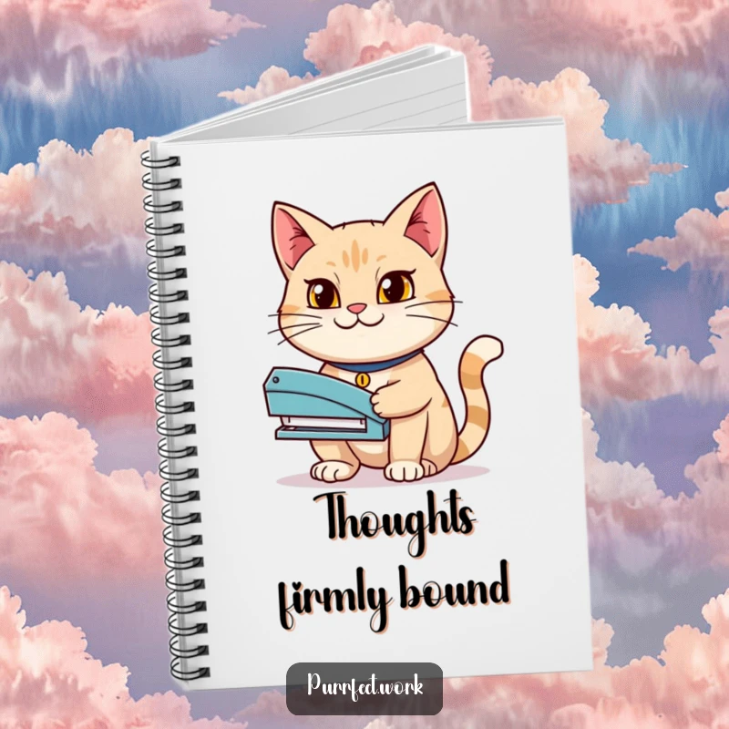 Funny notebook cover with a determined cat holding a stapler with a grin, designed for jotting down ambitious plans and focused notes.