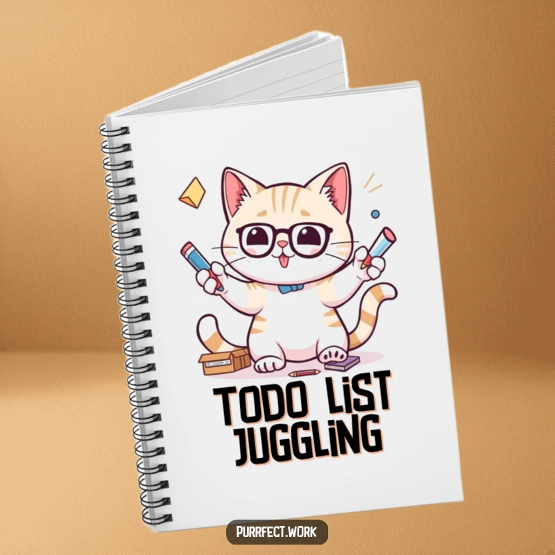 Funny notebook with a cat focused on juggling office supplies, ideal for jotting down plans.