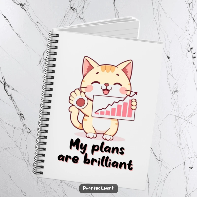 Funny happy cat presenting a graph with a paw, looking proud, a humorous notebook for notes and a funny gift.