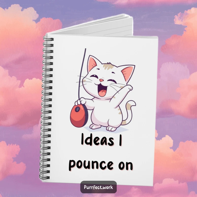 Funny Notebook featuring an excited cat batting at a computer mouse, ideal for jotting down ideas and plans.