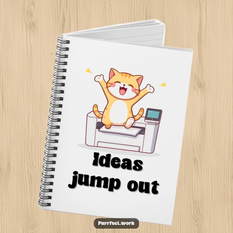 Funny cat mid-leap over a printer, with space for notes, making for a humorous and energetic notebook cover.