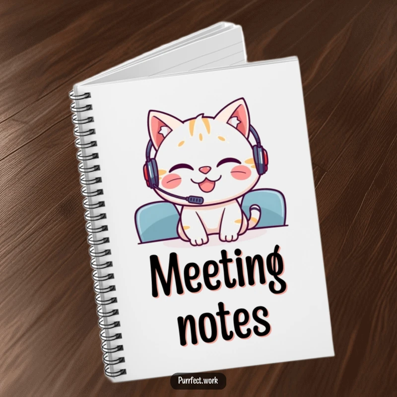 Funny notebook with a grinning cat wearing a headset, designed for capturing meeting notes and ideas.