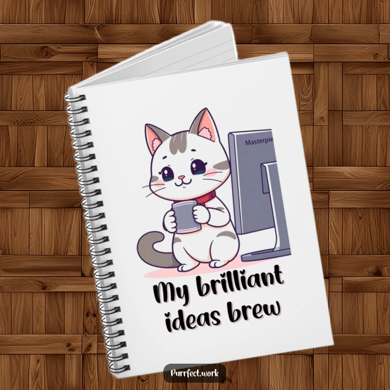 Funny notebook with an attentive office cat and coffee, looking at a computer screen, perfect for notes and journaling.