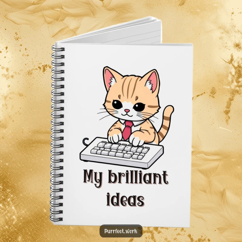 Funny notebook cover with a cat in a tie, typing diligently on a keyboard, representing productivity and humor.