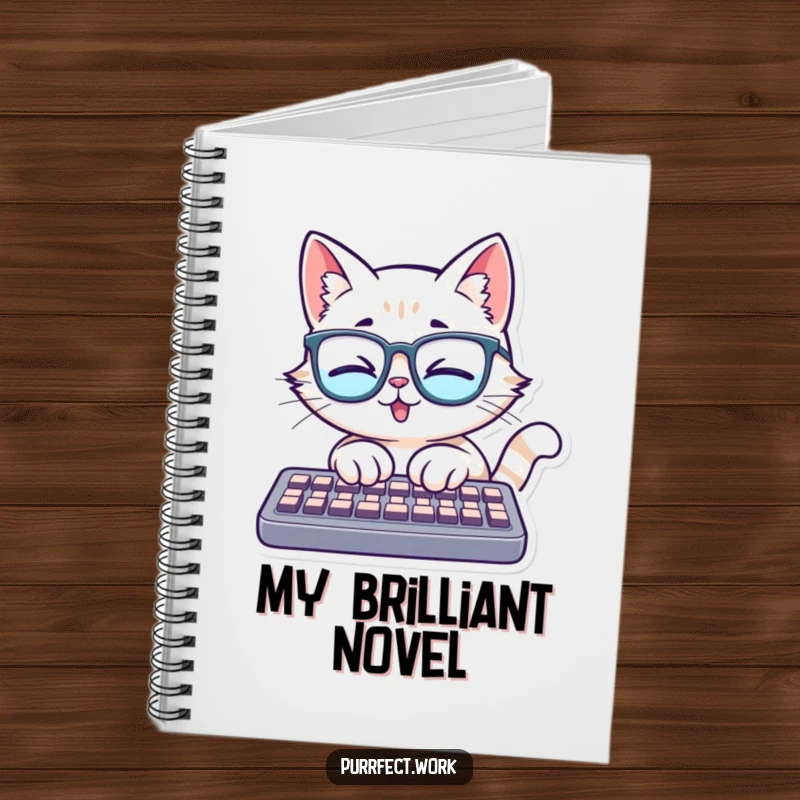 Funny notebook cover with a cat wearing glasses, typing enthusiastically on a keyboard, designed for capturing smart ideas and witty notes.