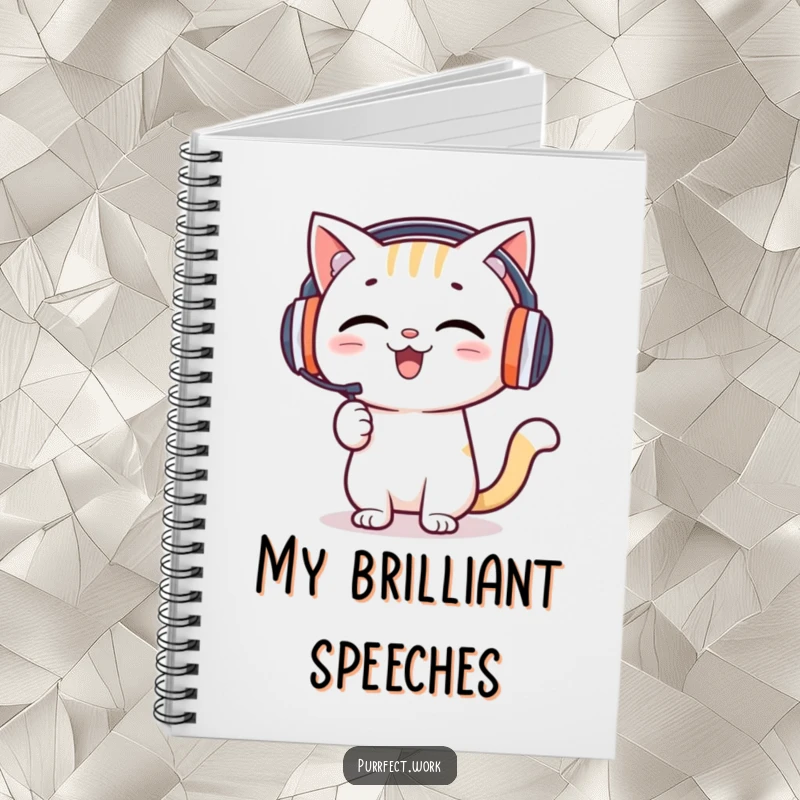 Funny notebook with a happy cat wearing headphones enthusiastically presenting, perfect for notes and journaling.
