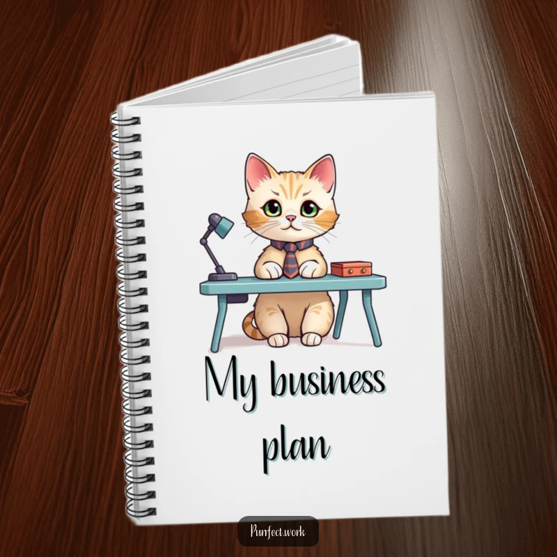 Funny notebook cover with a cat wearing a tiny tie, sitting at a miniature desk, designed for jotting down professional and humorous notes.