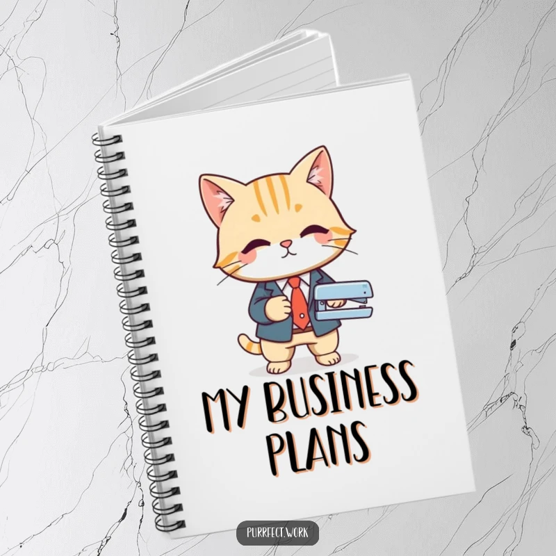 Funny notebook cover with a cat in a business suit using a stapler, symbolizing professional organization and feline charm.