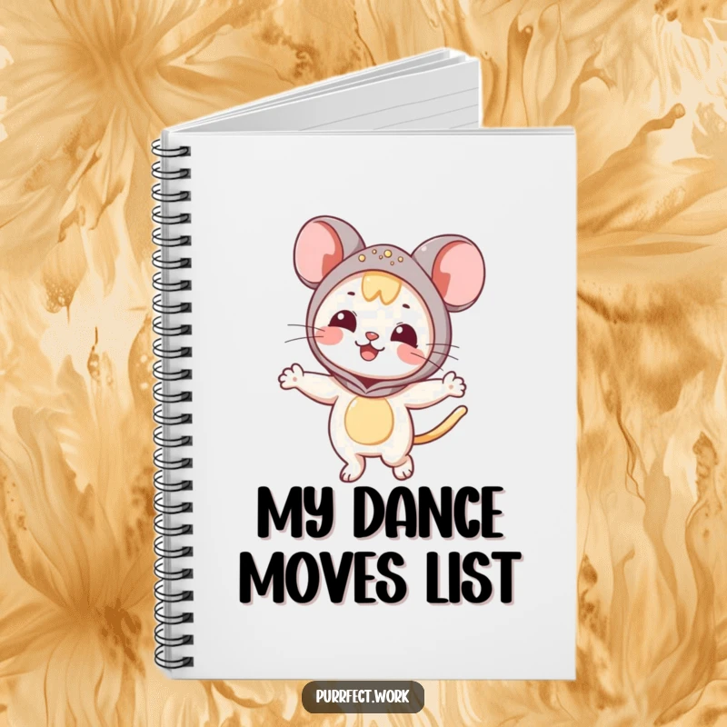 Funny Mouse Cat Notebook: A notebook cover shows a happy cat in a mouse costume, dancing.