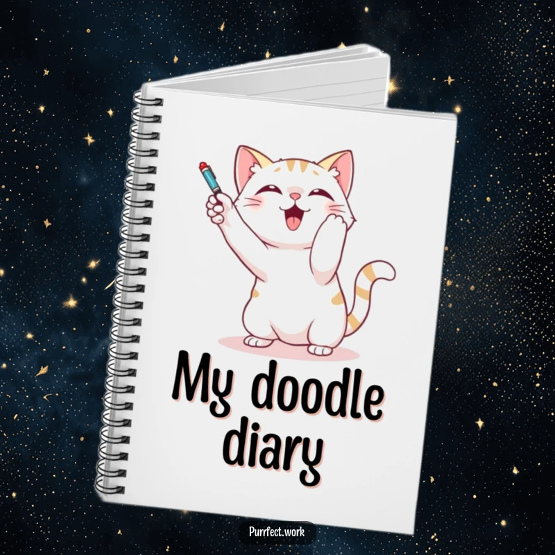 Funny notebook cover with a cat playfully batting at a dangling pen, designed for jotting down fun ideas and playful notes.