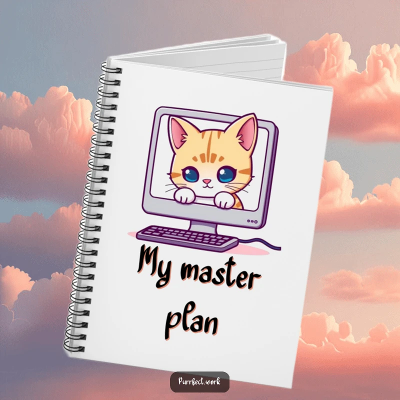 Funny Mischievous Cat Notebook: A journal cover with a cat hiding behind a computer monitor, ideal for notes and creative ideas.