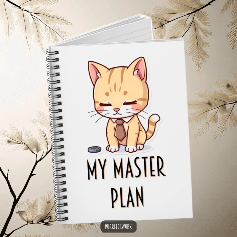 Funny notebook cover showing a cat in a tiny tie, diligently focused on work, encouraging organized and productive note-taking.