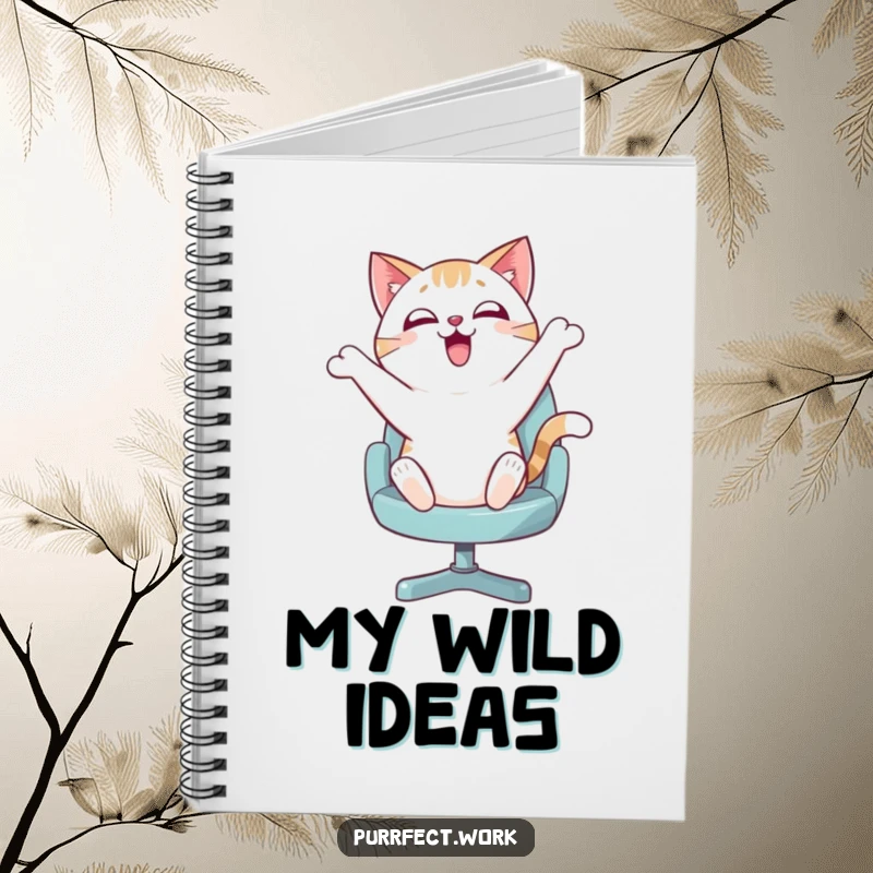 Funny notebook with a cover depicting an enthusiastic cat bouncing on a swivel chair, inspiring creative and energetic note-taking.