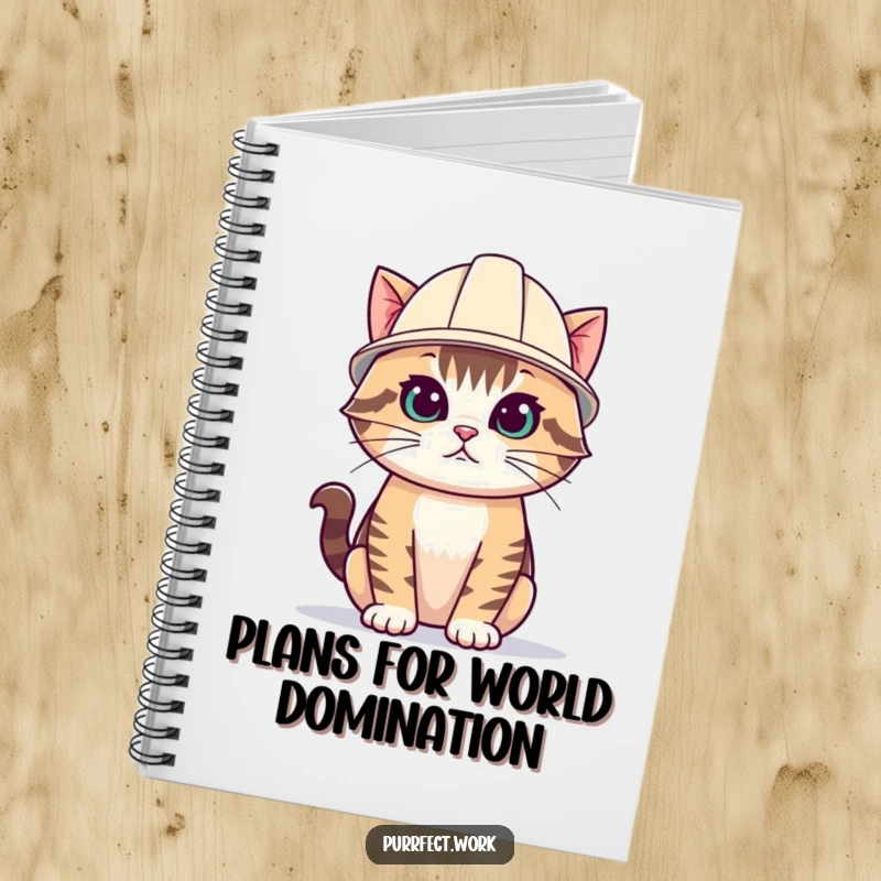 Funny cat notebook with a cat wearing a small hard hat, ready to take notes with serious intent.