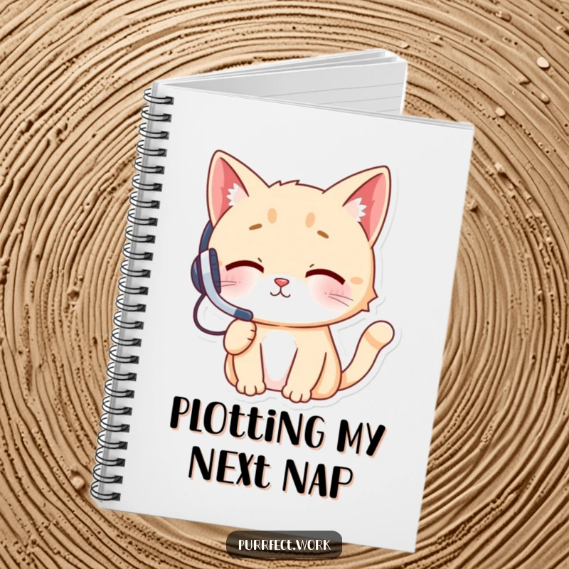Funny cat character wearing a headset, actively on a phone call, with space for notes, designed as a hilarious notebook cover.