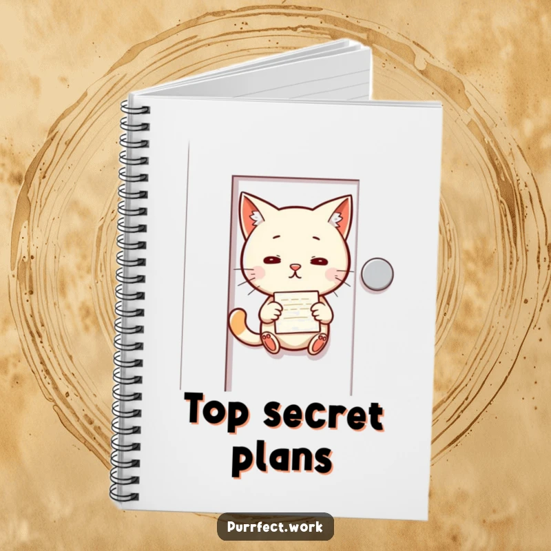 Funny notebook with a mischievous cat slipping a tiny memo under an office door, ideal for notes and secret plans.