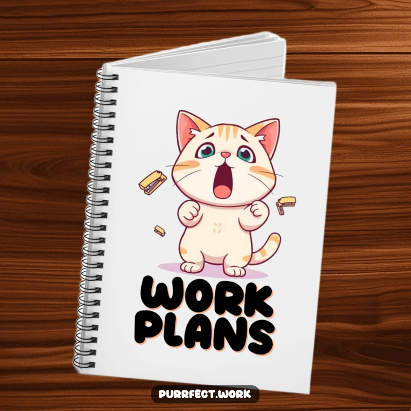 Funny Notebook featuring a surprised cat character juggling tiny staplers, perfect for jotting down work notes and office humor.