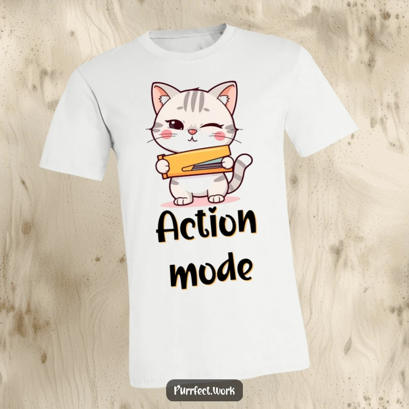 Funny t-shirt with a winking cat holding a small stapler, representing preparedness and a touch of mischief.