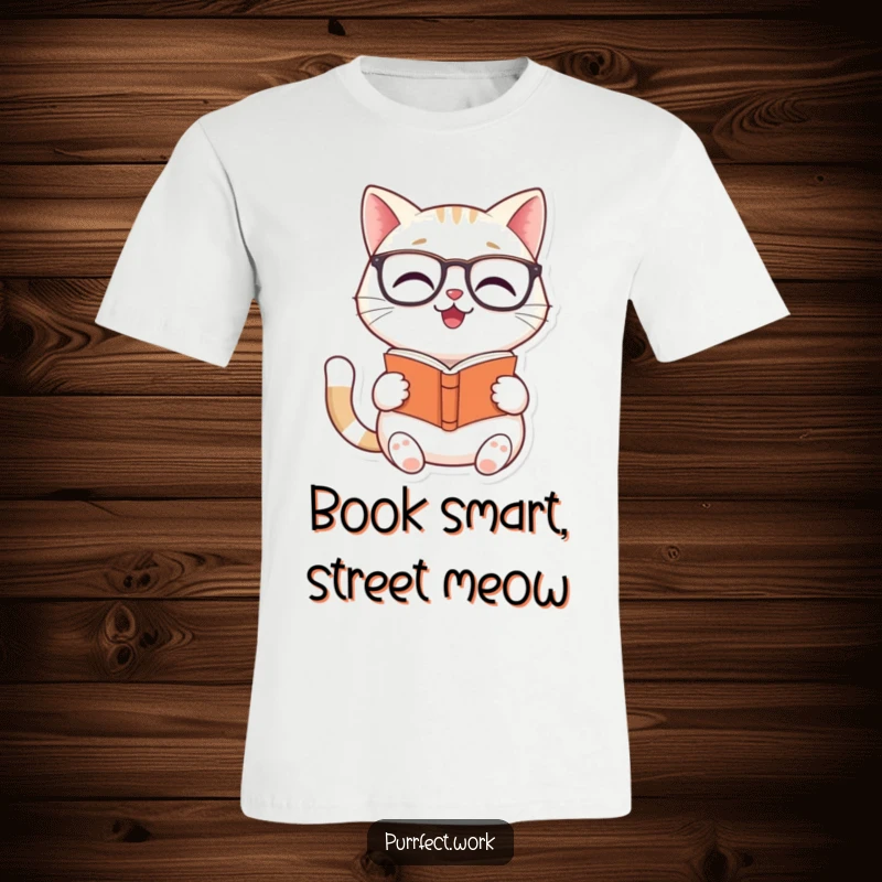 Funny Cat Reader T-Shirt: A smiling cat adorns glasses and focuses intently on reading a small book.