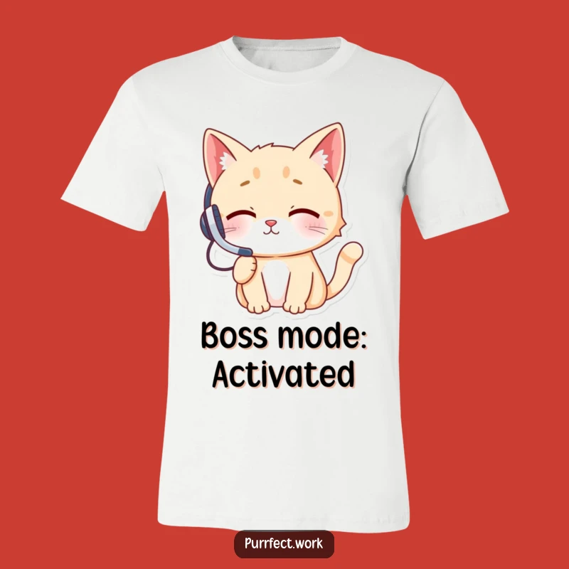 Funny Cheeky Cat Headset T-Shirt: Hilarious Feline Powering Through a Phone Call