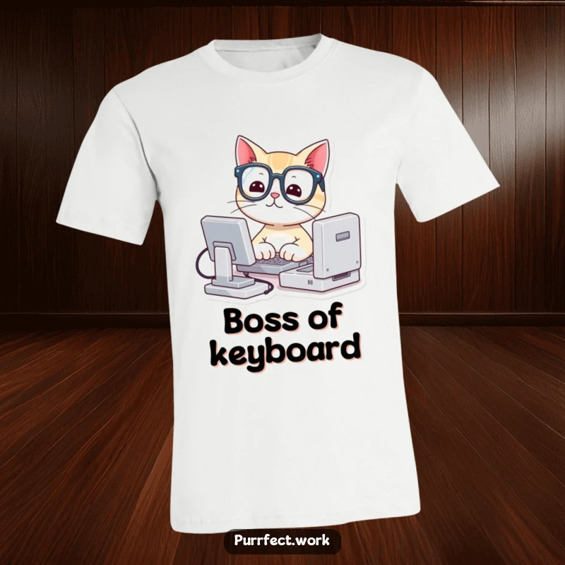 Funny t-shirt showcasing a cute cat in tiny glasses, focused on typing on a miniature computer, embodying a studious and humorous vibe.