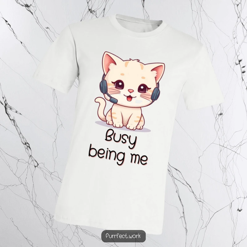 Funny Cat Agent T-Shirt featuring a cute cat with a tiny headset, busy talking on a phone. Professional and humorous graphic tee.