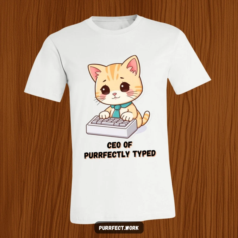 Funny Cat Typist T-Shirt: A charming cat wearing a miniature tie is focused on typing on a small keyboard.