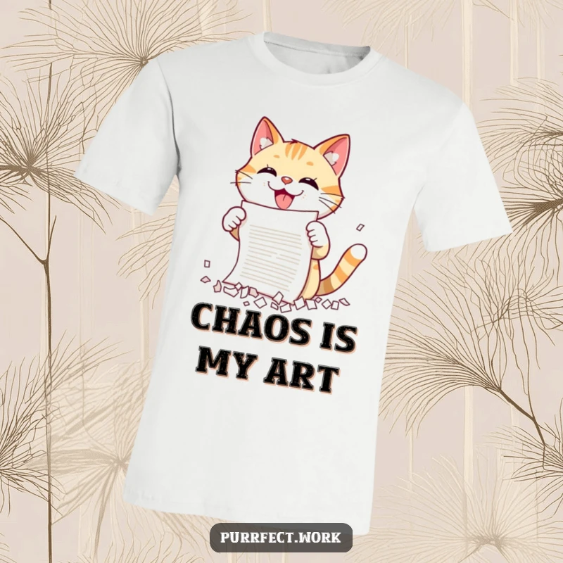 Funny cat document shredder t-shirt featuring a cat gleefully tearing apart a paper, embodying office chaos and a need for destruction.