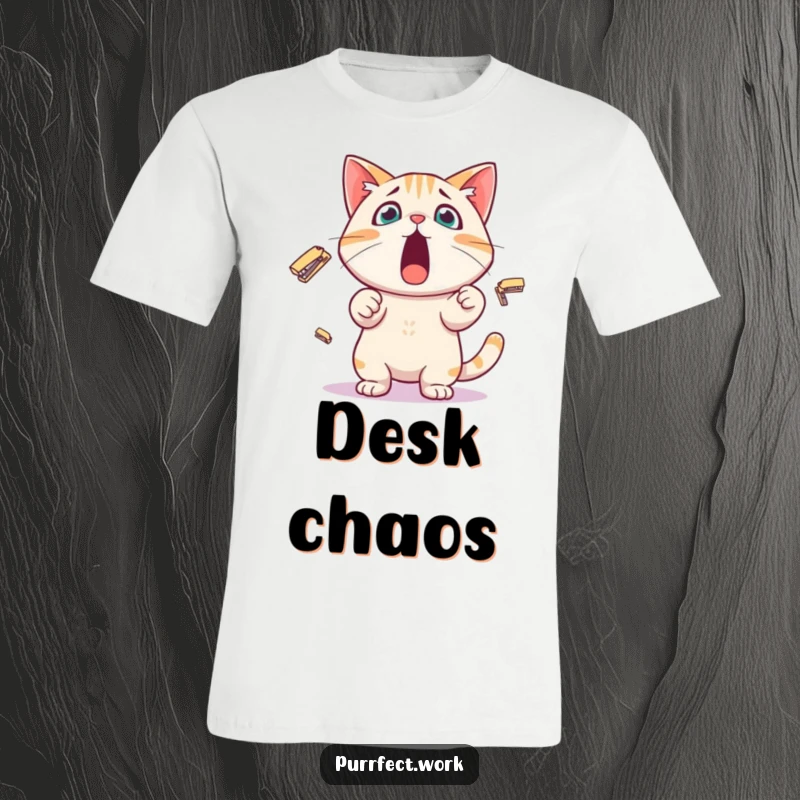 Funny T-Shirt with a surprised cat character comically juggling small staplers, perfect for office workers who love a laugh.