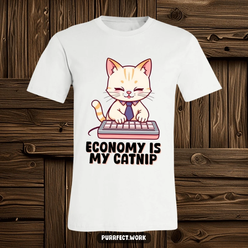 Funny cute cat in a tiny tie, typing rapidly on a computer keyboard, a hilarious t-shirt for tech lovers and a funny gift.