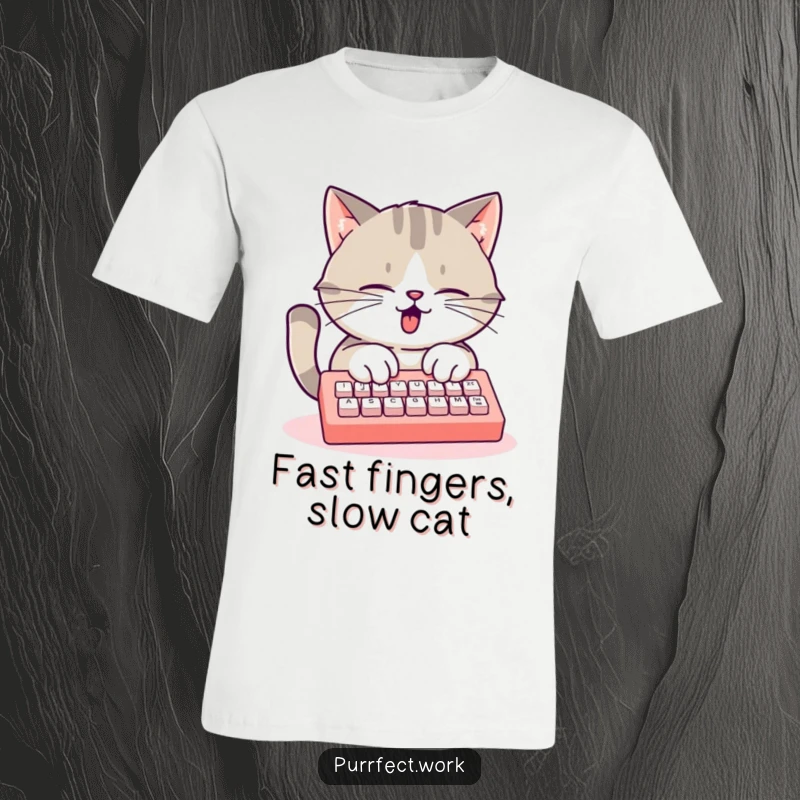 Funny busy cat t-shirt, a cat typing rapidly on a small keyboard, great for writers and tech enthusiasts.