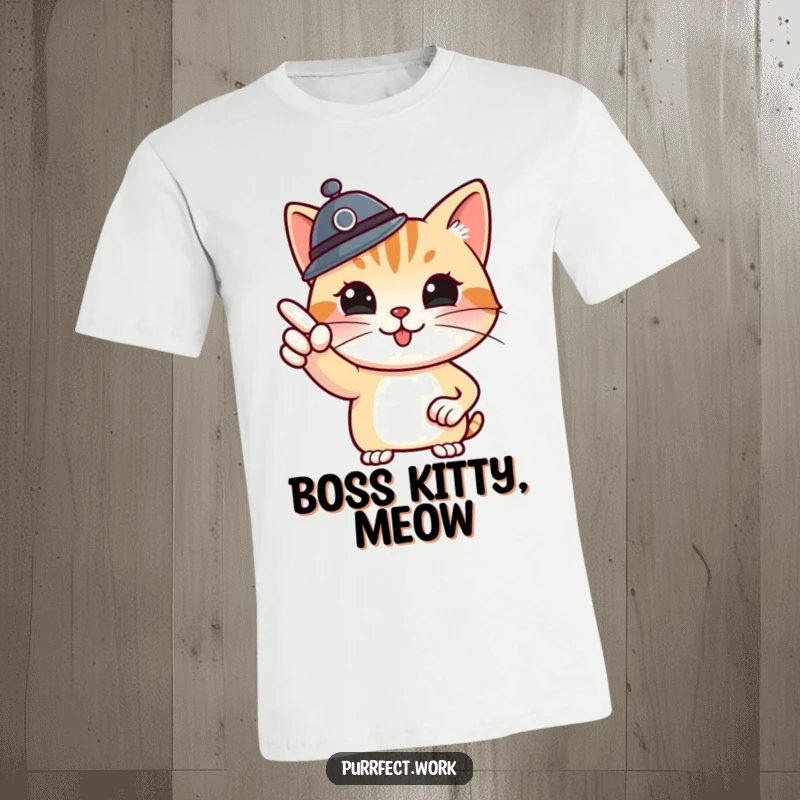 Funny boss cat t-shirt, a cat wearing a boss hat pointing at a whiteboard, demonstrating leadership and witty office vibes.
