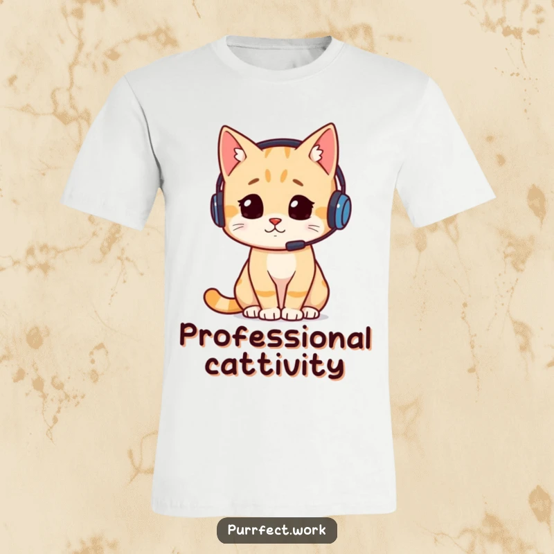 Funny t-shirt print of a cat wearing a headset, looking intensely busy and productive, perfect for remote workers and cat enthusiasts.