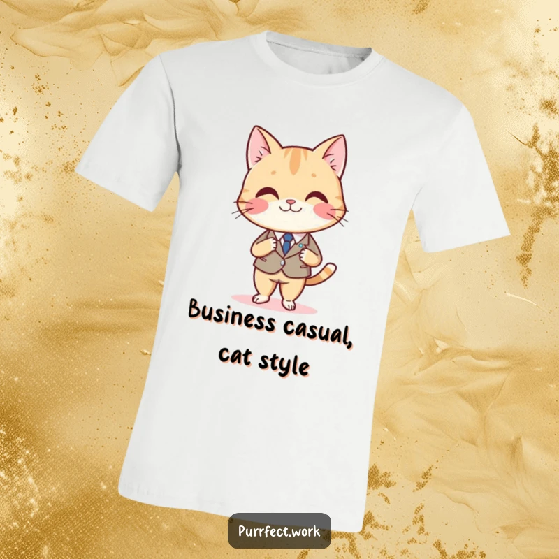 Funny t-shirt featuring a smiling cat in a suit, seated at a desk with crossed legs, projecting authority.