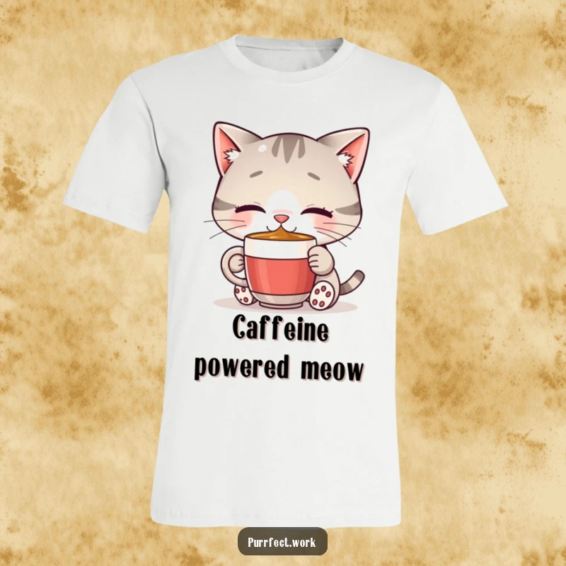 Funny cat coffee lover t-shirt featuring a happy cat enjoying a small coffee mug, perfect for expressing morning cheer and caffeine addiction.