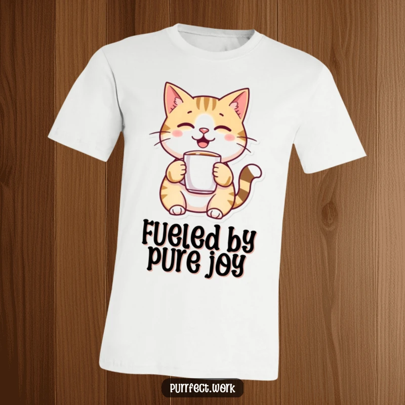 Funny, cheerful cat character holding a small ornamental coffee mug on a comfortable t-shirt, evoking happiness.