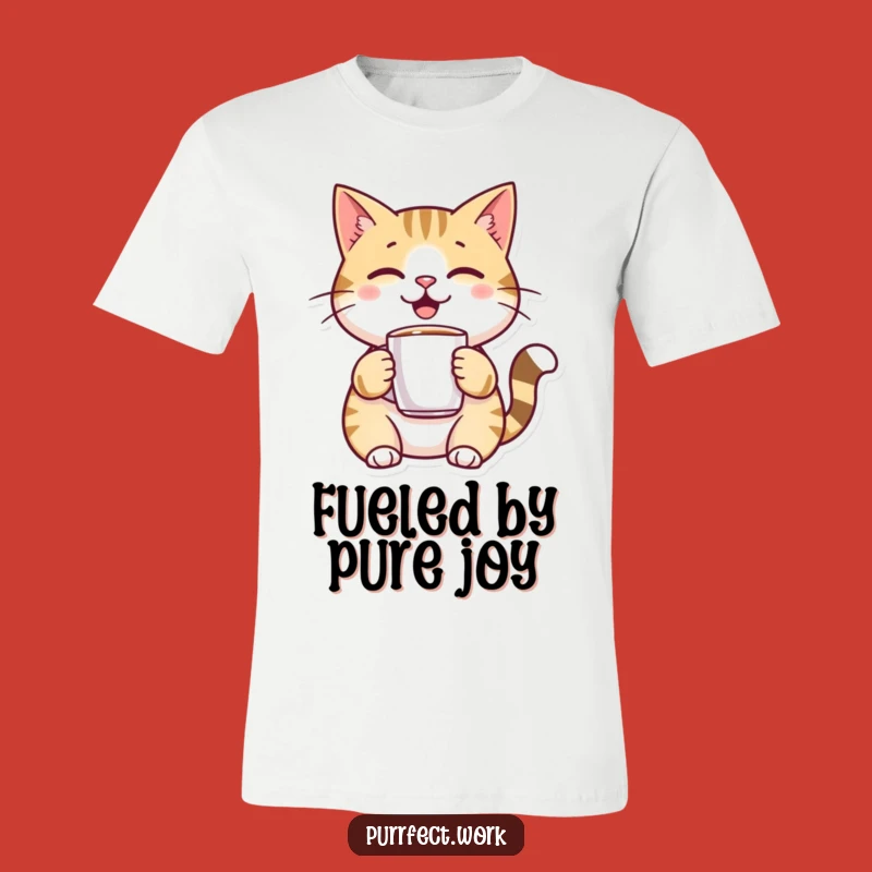 Funny Cat Coffee Shirt: Cheerful Kitty with Tiny Mug Graphic Tee