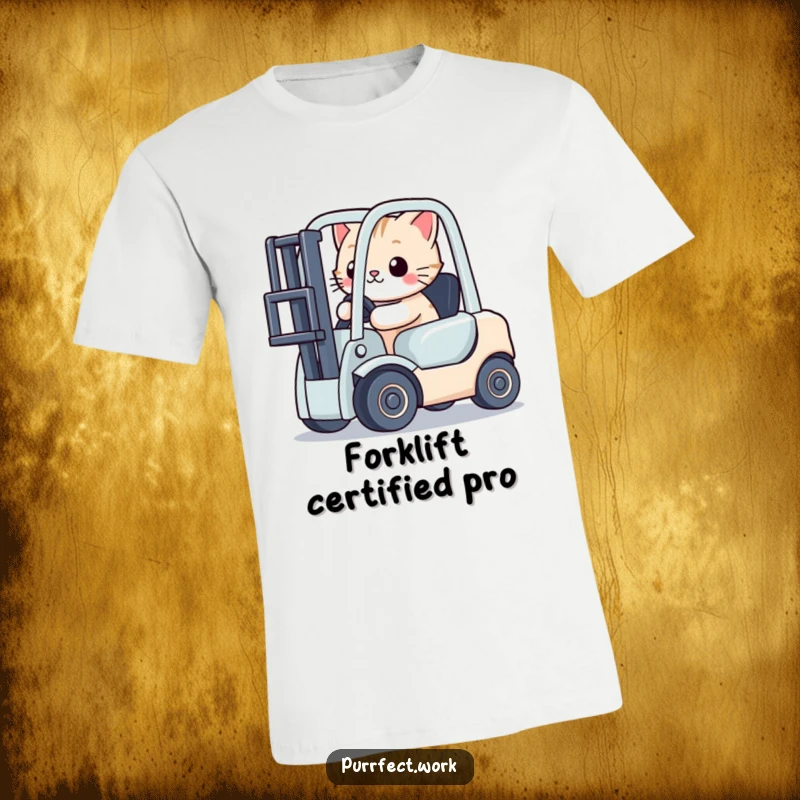 Funny cat wearing a determined expression while driving a tiny toy forklift, a humorous statement t-shirt.