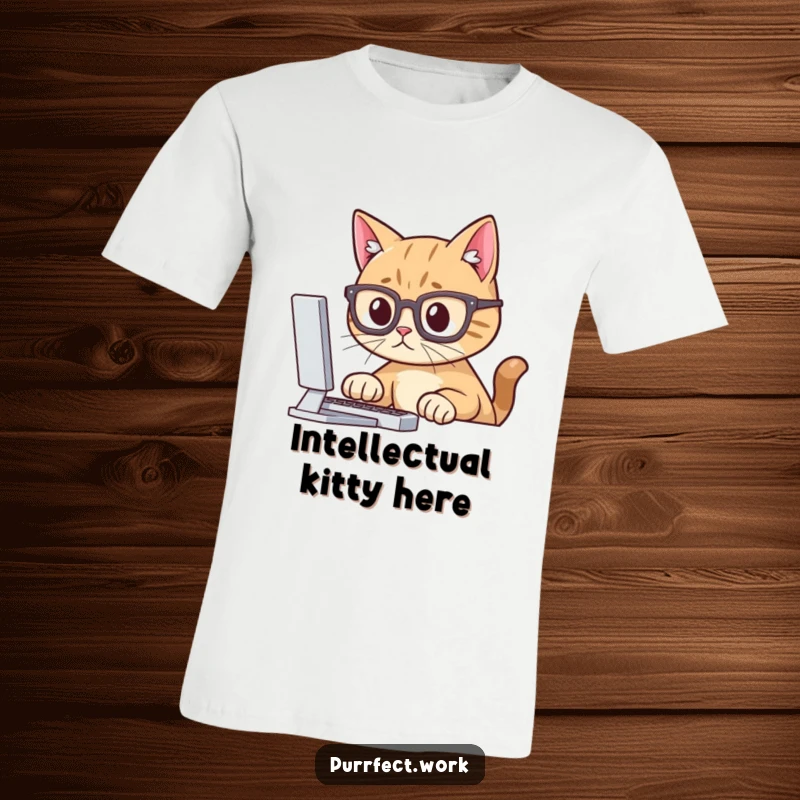 Funny t-shirt graphic of a cat wearing glasses, staring intently at a computer monitor, representing studious or techy vibes.