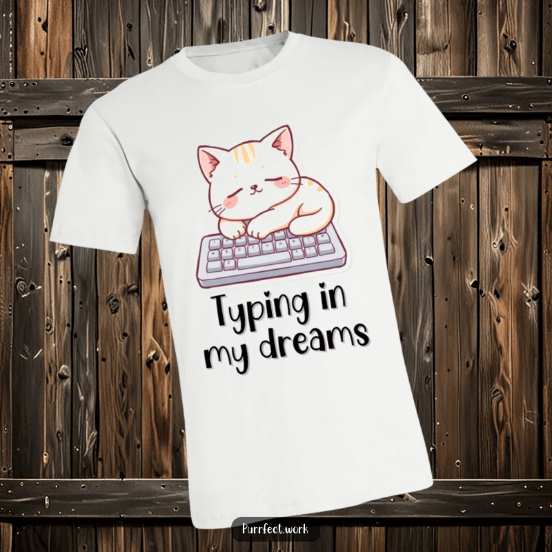Funny, playful cat takes a nap on a small keyboard, making a humorous statement t-shirt for techies.