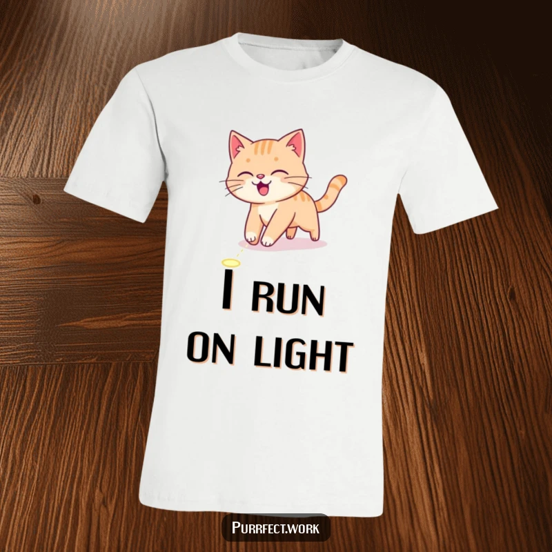 Funny T-Shirt depicting an energetic cat leaping and chasing a tiny laser pointer dot on the floor.