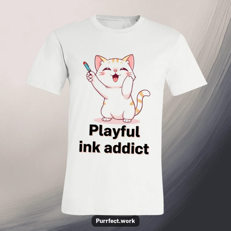 Funny t-shirt graphic of a cat playfully batting at a pen dangling from above, capturing a moment of pure feline amusement.