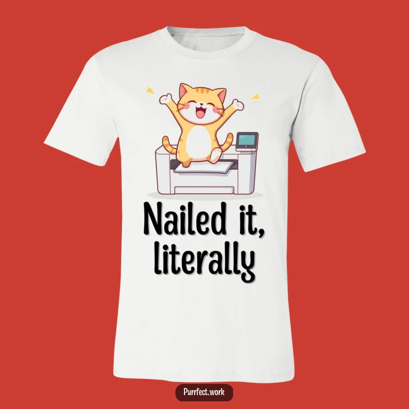 Funny Cat Printer Leap T-Shirt: Hilarious Joyful Feline's Office Triumph Tee