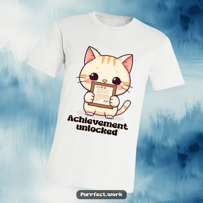 Funny cat proud grad t-shirt featuring a cat proudly holding a framed document, representing academic or career success with a humorous touch.