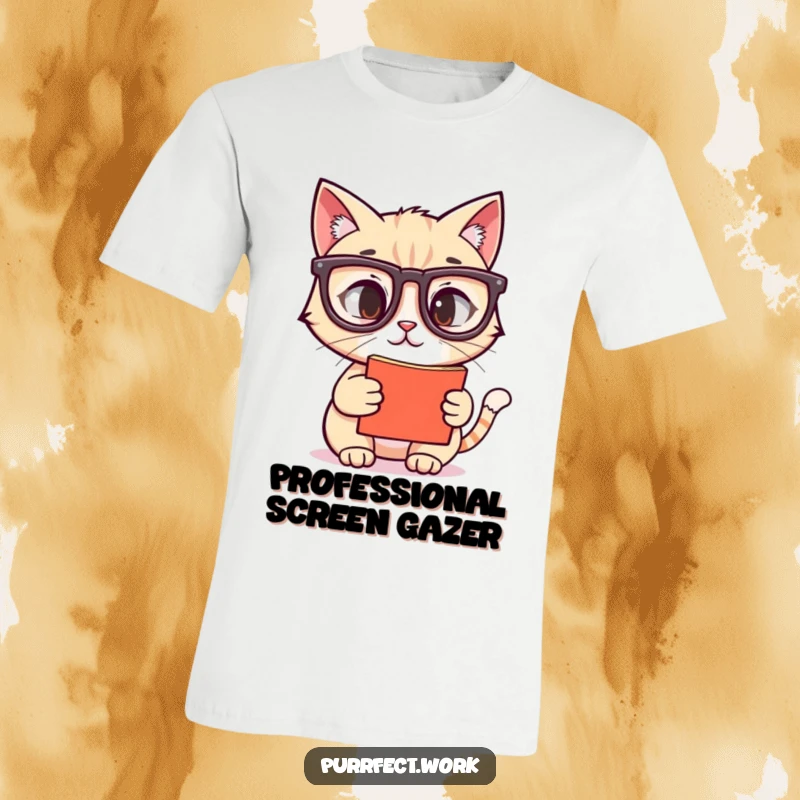 Funny t-shirt featuring a cat wearing reading glasses intensely focused on a glowing screen, great funny gift for techies.