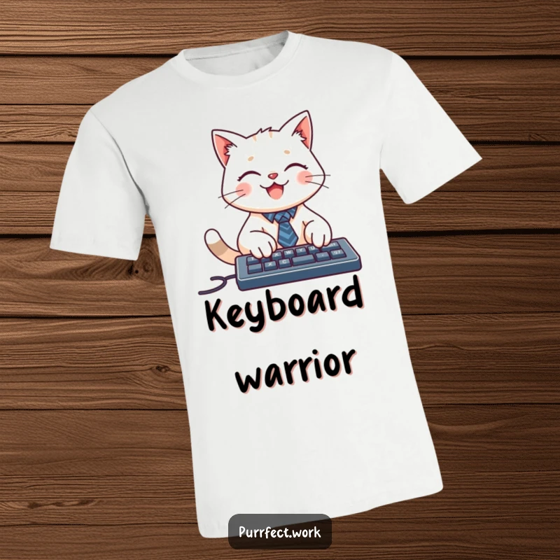 Funny t-shirt featuring a smiling cat character wearing a tiny tie, typing on a keyboard, embodying a dedicated work ethic.