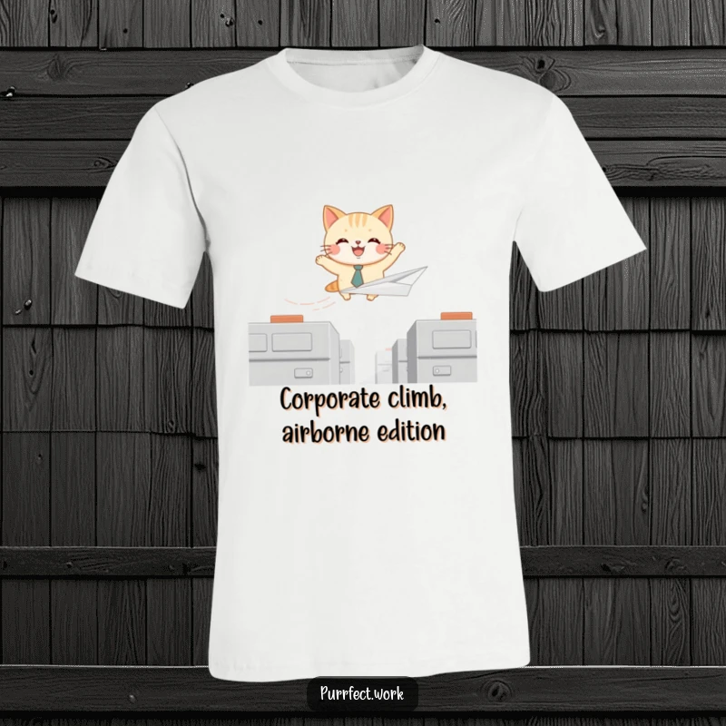 Funny t-shirt featuring a joyful cat in a tie soaring on a paper airplane above cubicles, a humorous office escape.