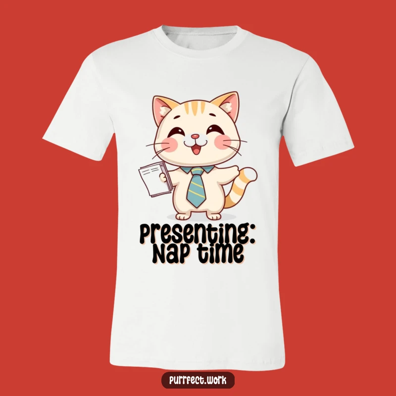 Funny Cat Tie T-Shirt: Happy Business Cat Presenting Papers, Humorous Apparel
